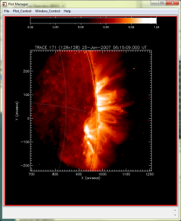 Figure 9. This figure shows PLOTMAN displaying a TRACE image (171 A, January 25 2007, 06:15:09) that has been pre-processed with default settings by the PrepServer.