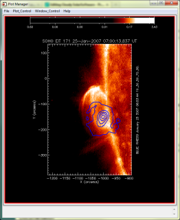 Figure 10. This figure shows PLOTMAN displaying a contour overlay of a reconstructed RHESSI clean 6-12keV image on an EIT image (171 A, January 25 2007, 07:00:13). The reconstruction of the RHESSI image and the pre-processing of the EIT image were both done with the PrepServer.