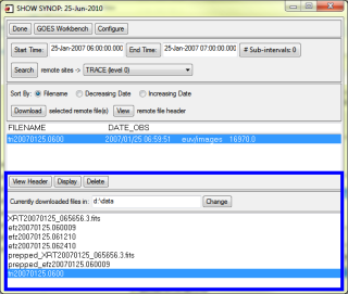 Figure 6. In this screen shot of SHOW_SYNOP the window highlighted in blue indicates the local file repository with level-0 and pre-processed data files.
