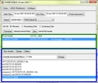 Figure 6. The file names are shown in the green box. The window highlighted in blue indicates the local file repository with level-0 and pre-processed data files.