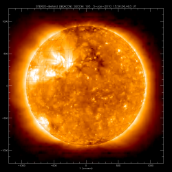 Figure 3: The STEREO "Behind" view of the Sun, showing other active areas. During sunspot maximum generally all heliolongitudes can show activity simultaneously.