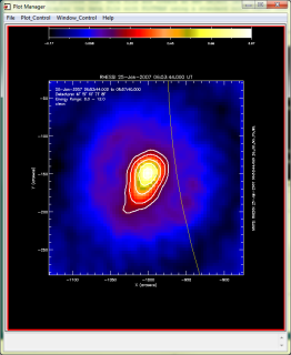 Figure 3. This figure shows PLOTMAN displaying a RHESSI clean 6-12keV image that was reconstructed using the PrepServer. The RHESSI image is overlaid with the RHESSI 20, 30, 50, 70, and 90% contours (in white).