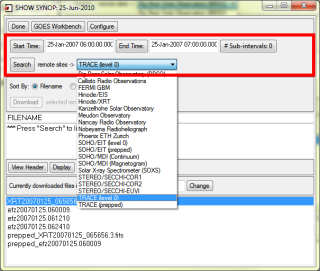 Figure 5. Screenshot of the SHOW_SYNOP GUI used to find and retrieve specific data sets. The user-specified start and end times are entered inside the red box, and the instrument of interest is selected from the extensive list in the pull-down menu. Data files satisfying these requirements are then located by pressing the "Search" button.